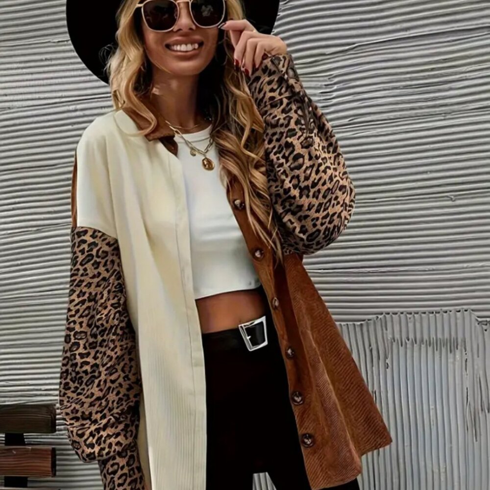 Oversized Colorblock Leopard Print Long Sleeve Button Up
